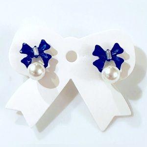 $16.99 per pair & 3 Pairs Available: Elegant Blue Bow and Pearl Stud Earrings
